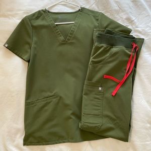 Figs scrub set, Kade Cargo pant and Casma 3 pocket top, olive green